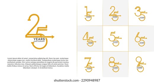 set of anniversary logotype orange color with arrow for special celebration event