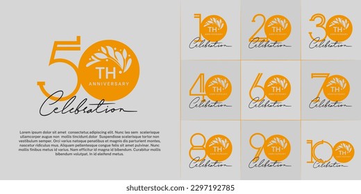 set of anniversary logotype orange color with ornament and handwriting for special celebration event