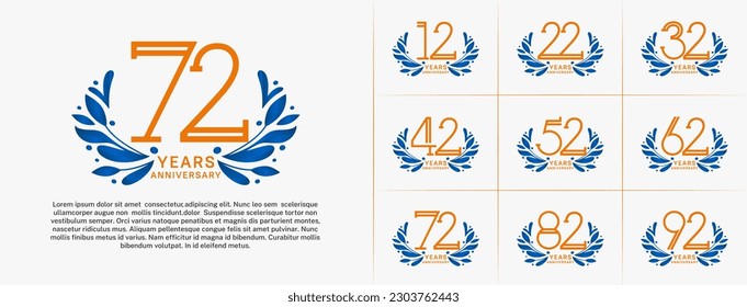 set of anniversary logotype orange color and blue ornament for special celebration event