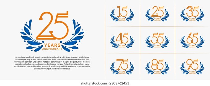 set of anniversary logotype orange color and blue ornament for special celebration event