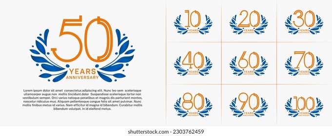 set of anniversary logotype orange color and blue ornament for special celebration event