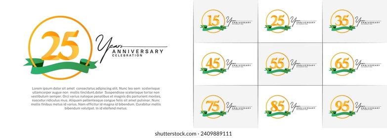 Set of Anniversary Logotype orange color with ring and green ribbon can be use for special day celebration