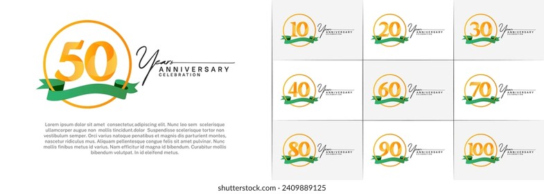 Set of Anniversary Logotype orange color with ring and green ribbon can be use for special day celebration