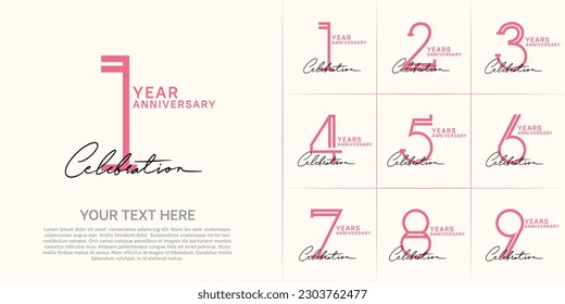 set of anniversary logotype pink color and black handwriting for special celebration event