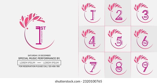 set of anniversary logotype pink color with swoosh and ornament for special celebration event