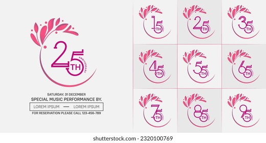 set of anniversary logotype pink color with swoosh and ornament for special celebration event