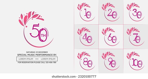 set of anniversary logotype pink color with swoosh and ornament for special celebration event