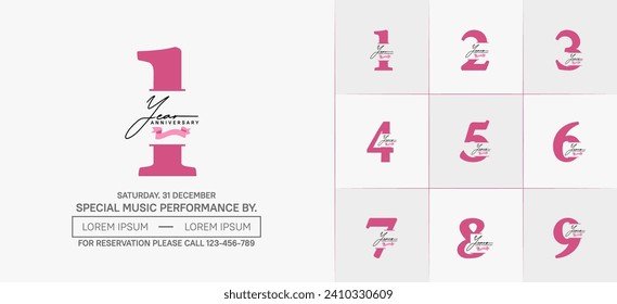 Set of Anniversary Logotype with pink ribbon, pink color can be use for special day celebration