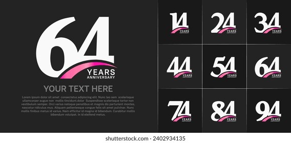 Set of Anniversary Logotype with pink swoosh, white color can be use for special day celebration