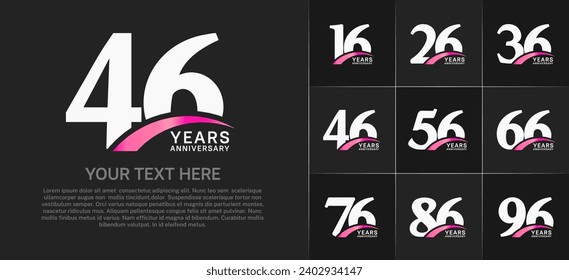 Set of Anniversary Logotype with pink swoosh, white color can be use for special day celebration