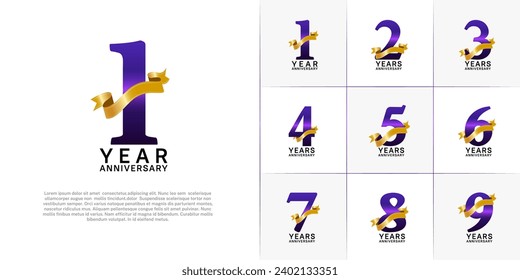 Set of Anniversary Logotype purple color with gold ribbon can be use for special day celebration