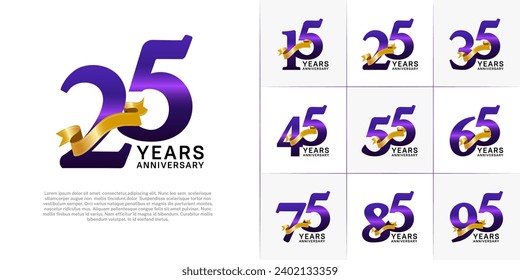 Set of Anniversary Logotype purple color with gold ribbon can be use for special day celebration