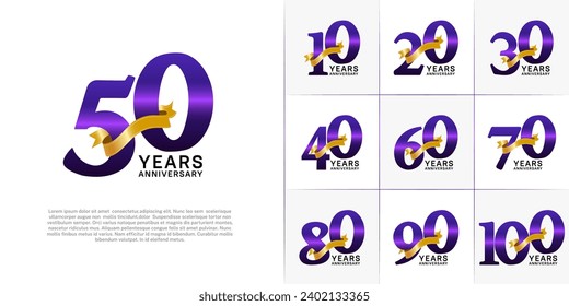 Set of Anniversary Logotype purple color with gold ribbon can be use for special day celebration