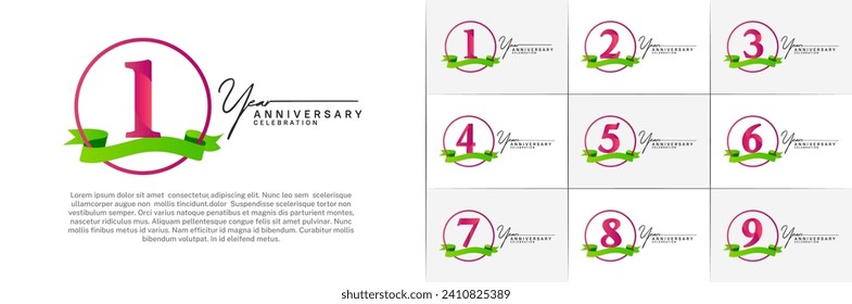 Set of Anniversary Logotype purple color with ring and green ribbon can be use for special day celebration