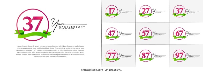 Set of Anniversary Logotype purple color with ring and green ribbon can be use for special day celebration