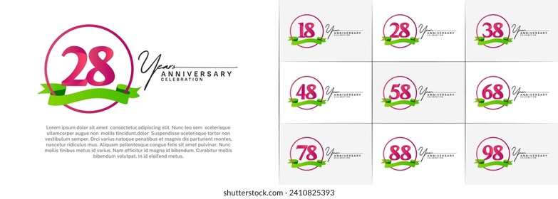 Set of Anniversary Logotype purple color with ring and green ribbon can be use for special day celebration