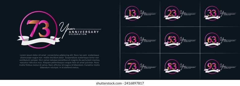 Set of Anniversary Logotype purple color with ring and white ribbon can be use for special day celebration