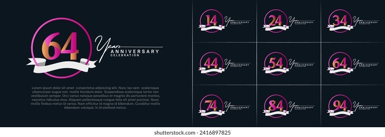 Set of Anniversary Logotype purple color with ring and white ribbon can be use for special day celebration