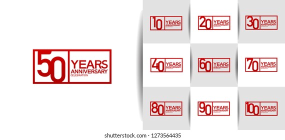 set of anniversary logotype with red color on square isolated on white background