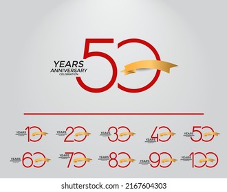 set of anniversary logotype red color with golden ribbon on white background for celebration