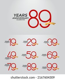 set of anniversary logotype red color with golden ribbon on white background for celebration