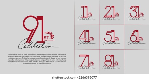 set of anniversary logotype red color with ornament and handwriting for special celebration event