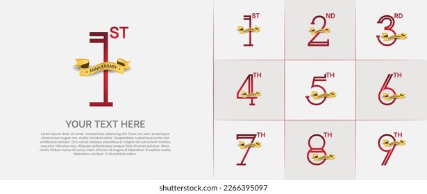 set of anniversary logotype red color with golden ribbon for special celebration event