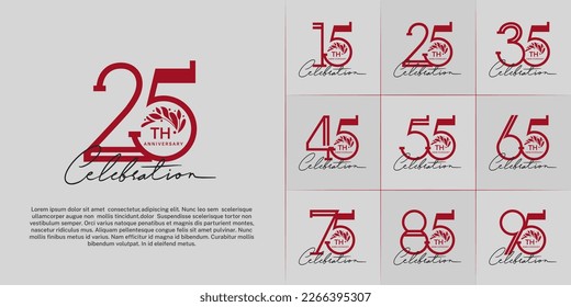 set of anniversary logotype red color with ornament and handwriting for special celebration event