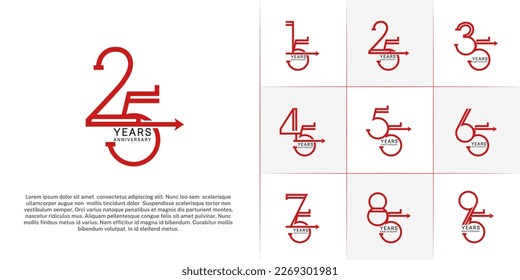 set of anniversary logotype red color with arrow for special celebration event