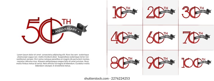 set of anniversary logotype red color with black ribbon on white background for special celebration event