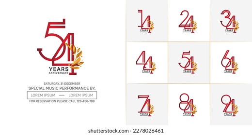 set of anniversary logotype red color with gold ornament for special celebration event