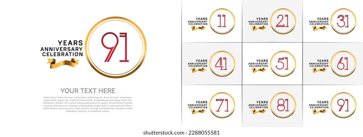 set of anniversary logotype red color in golden circle and ribbon for special celebration event