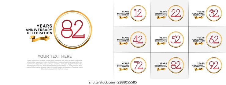 set of anniversary logotype red color in golden circle and ribbon for special celebration event