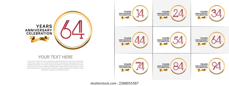 set of anniversary logotype red color in golden circle and ribbon for special celebration event