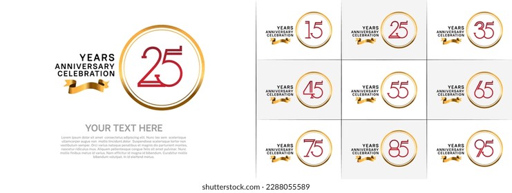 set of anniversary logotype red color in golden circle and ribbon for special celebration event