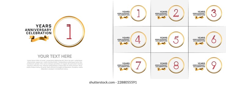 set of anniversary logotype red color in golden circle and ribbon for special celebration event