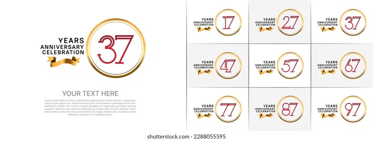 set of anniversary logotype red color in golden circle and ribbon for special celebration event