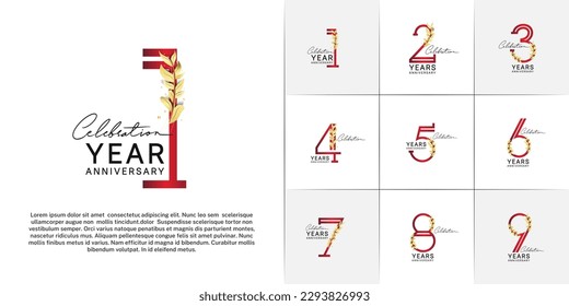 set of anniversary logotype red color with golden leaf for special celebration event