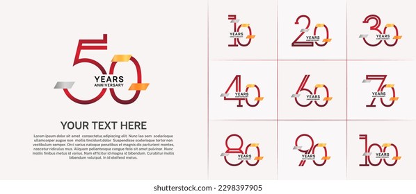 set of anniversary logotype red color with gold and silver glitter for special celebration event