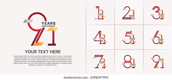 set of anniversary logotype red color with gold and silver glitter for special celebration event