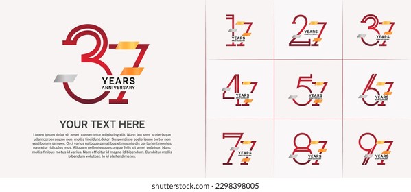 juego de aniversario logotipo color rojo con brillo de oro y plata para evento de celebración especial