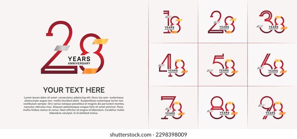 set of anniversary logotype red color with gold and silver glitter for special celebration event