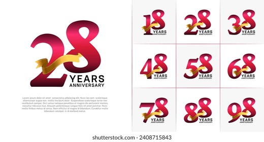 Set of Anniversary Logotype red color with gold ribbon can be use for special day celebration