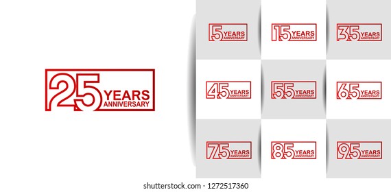 set of anniversary logotype red flat color on square isolated on white background for celebration event