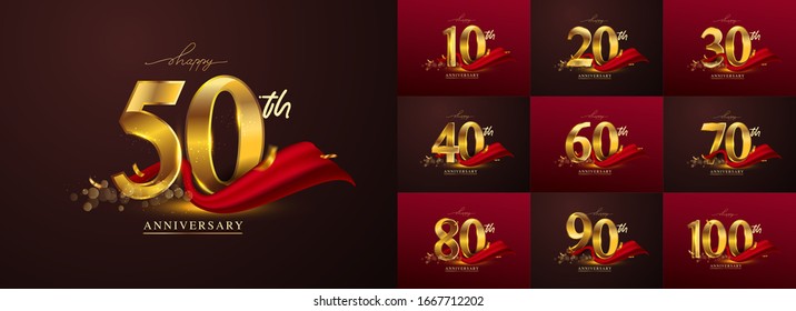 Set of anniversary logotype and red ribbon. Golden anniversary celebration emblem design for booklet, leaflet, magazine, brochure poster, web, invitation or greeting card. Vector illustration.