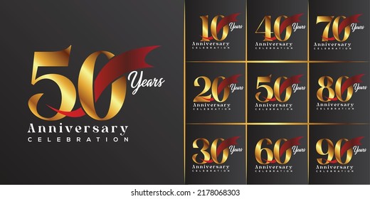 Set of anniversary logotype and red ribbon. Golden anniversary celebration emblem design for booklet, leaflet, magazine, brochure poster, web, invitation or greeting card. Vector illustration.