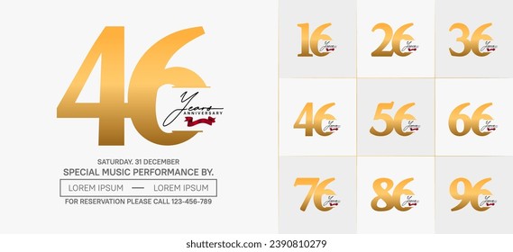 Set of Anniversary Logotype with red ribbon, gold color can be use for special day celebration