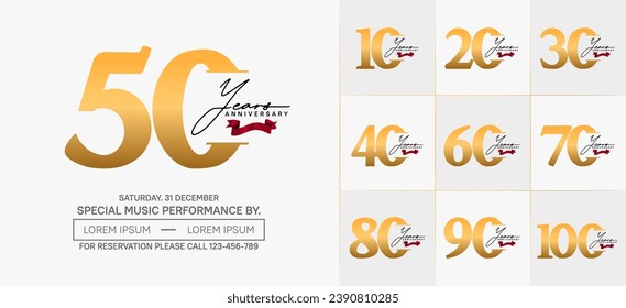 Set of Anniversary Logotype with red ribbon, gold color can be use for special day celebration