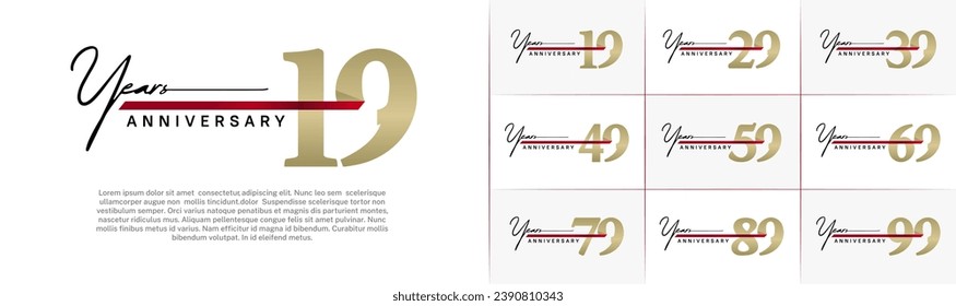 Logotipo del juego de Aniversario con cinta roja, color dorado se puede usar para celebración de día especial