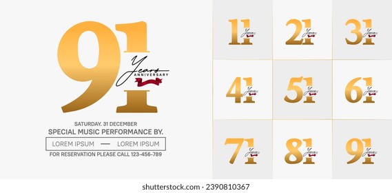 Set of Anniversary Logotype with red ribbon, gold color can be use for special day celebration